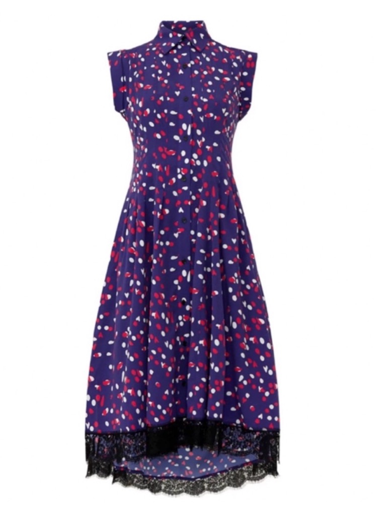 Koch Multicolor Polka Dot Black Lace Hem Midi Pin-Tuck Shirtdress Fr 34 Us Xs/S